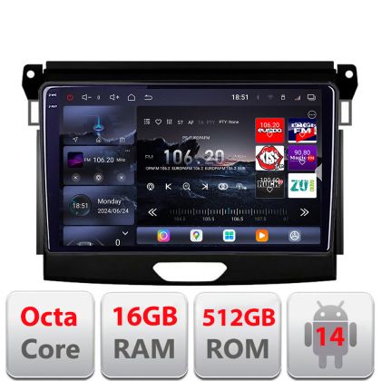 Navigatie Ford Ranger 2016+ Edotec Kit-574 8 core QLED 2K 12+256GB 360 Android Waze USB Navigatie Internet Youtube Radio