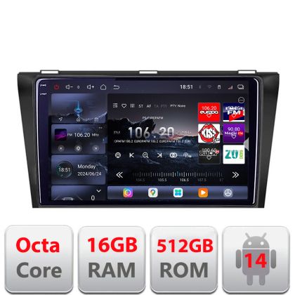 Navigatie Mazda 3 2004-2009 Edotec Kit-161 8 core QLED 2K 12+256GB 360 Android Waze USB Navigatie Internet Youtube Radio
