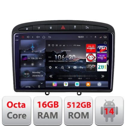 Navigatie Peugeot 308 2007-2014  Edotec Kit-038 8 core QLED 2K 16+512GB 360 Android Waze USB Navigatie Internet Youtube Radio