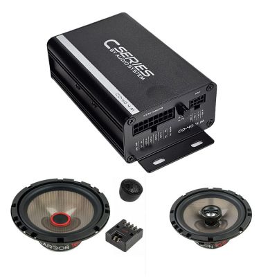 Pachet difuzoare component fata 80W RMS + coaxial spate 70W RMS,  cu amplificator CO-40.4 M 40W RMS, toate in 4 ohm, cu inele difuzoare plug & play