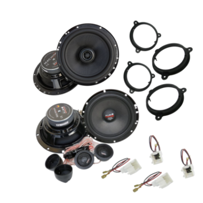 Pachet cu 2 difuzoare componente si 2 difuzoare coaxiale dedicate Dacia, cu inele si cablaj plug and play